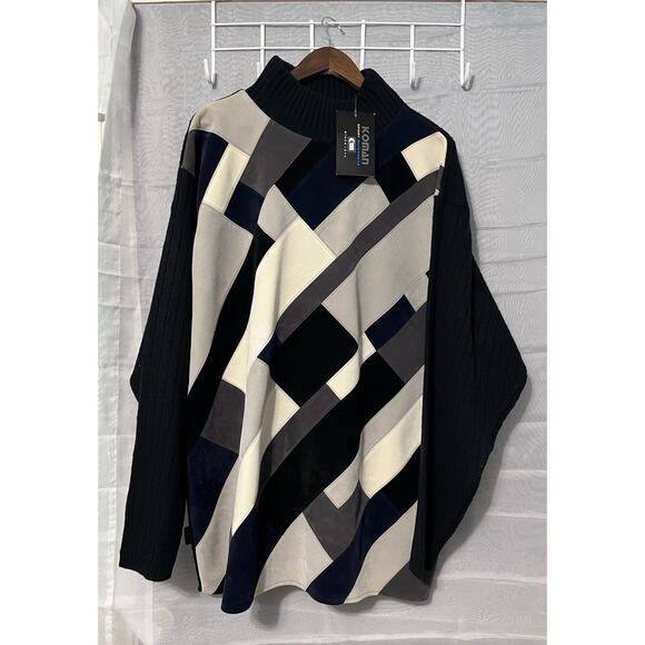 Vintage Koman Blue/Beige Patchwork Pullover Sweater Men Size XXL Oversized - Picture 1 of 12